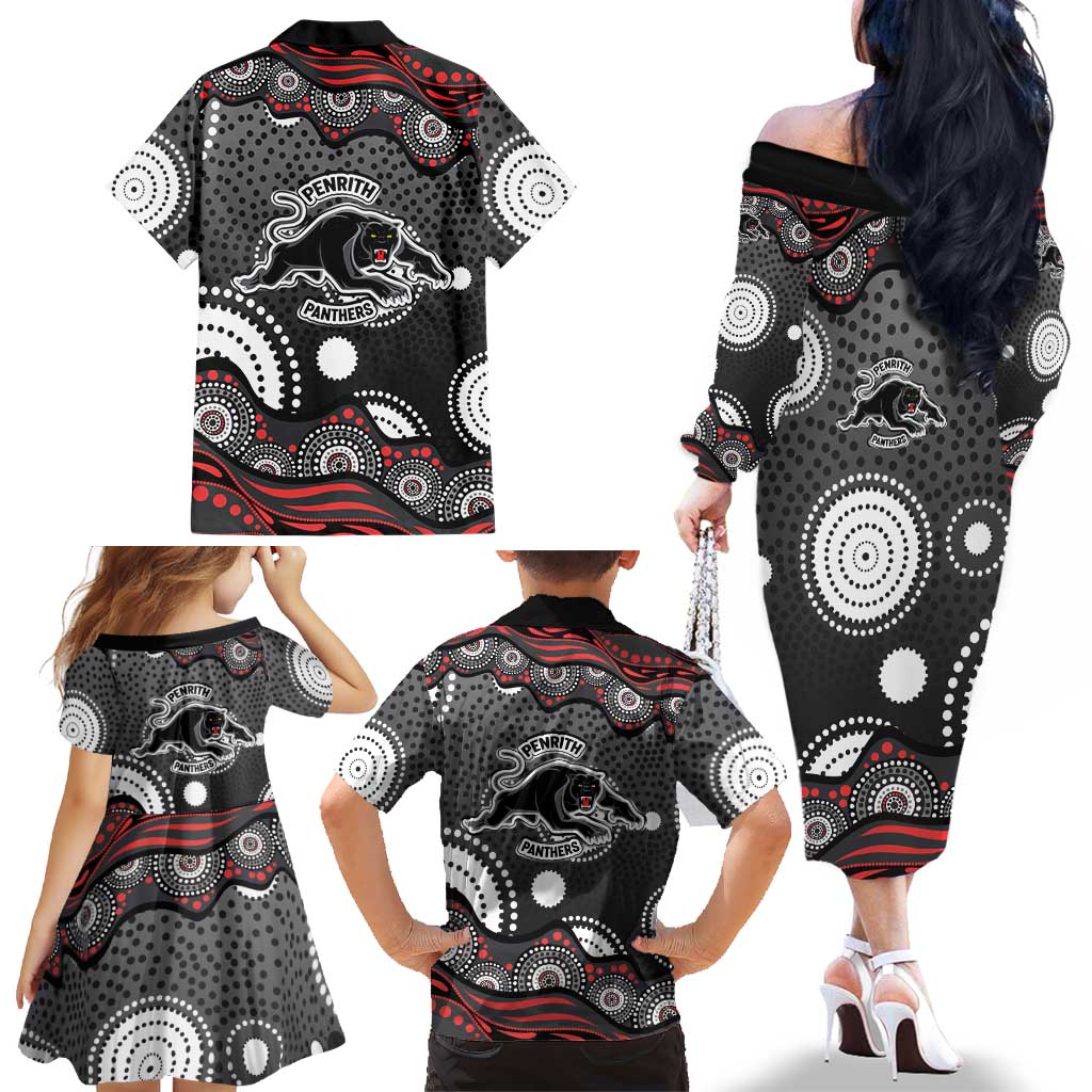 Penrith Panthers Family Matching Off The Shoulder Long Sleeve Dress and Hawaiian Shirt Aboriginal Dot Pattern - Rugby Mascot Heritage Pride