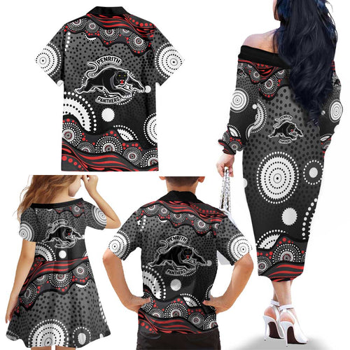Penrith Panthers Family Matching Off The Shoulder Long Sleeve Dress and Hawaiian Shirt Aboriginal Dot Pattern - Rugby Mascot Heritage Pride