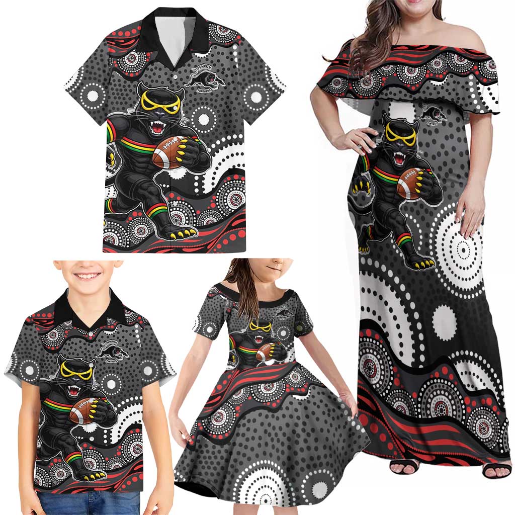 Penrith Panthers Family Matching Off Shoulder Maxi Dress and Hawaiian Shirt Aboriginal Dot Pattern - Rugby Mascot Heritage Pride