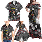 Penrith Panthers Family Matching Off Shoulder Maxi Dress and Hawaiian Shirt Aboriginal Dot Pattern - Rugby Mascot Heritage Pride