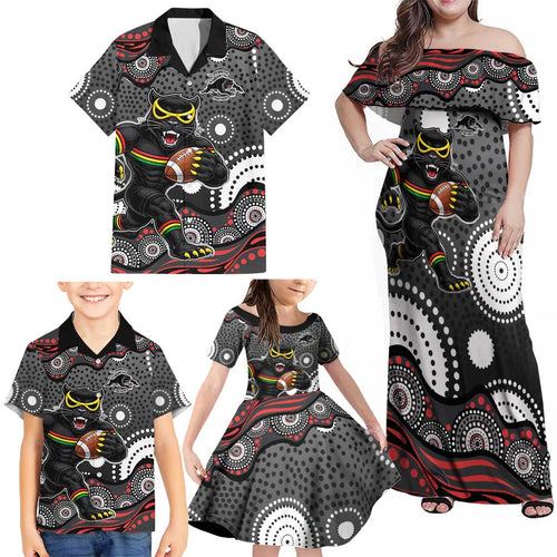 Penrith Panthers Family Matching Off Shoulder Maxi Dress and Hawaiian Shirt Aboriginal Dot Pattern - Rugby Mascot Heritage Pride
