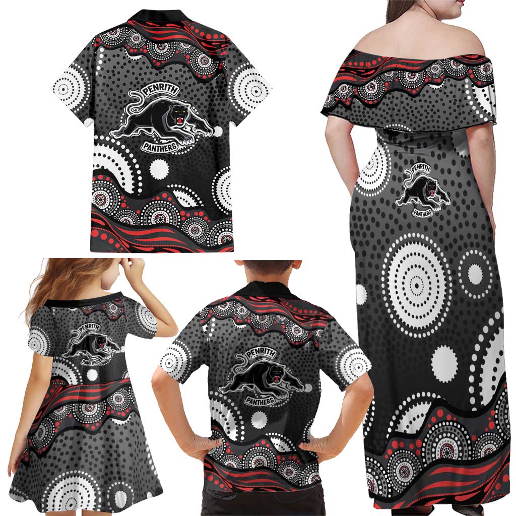 Penrith Panthers Family Matching Off Shoulder Maxi Dress and Hawaiian Shirt Aboriginal Dot Pattern - Rugby Mascot Heritage Pride