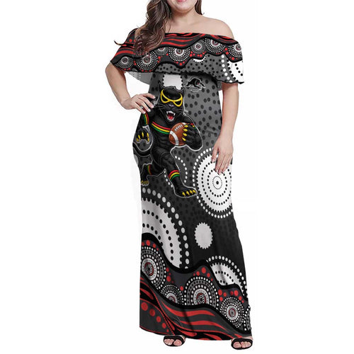 Penrith Panthers Family Matching Off Shoulder Maxi Dress and Hawaiian Shirt Aboriginal Dot Pattern - Rugby Mascot Heritage Pride