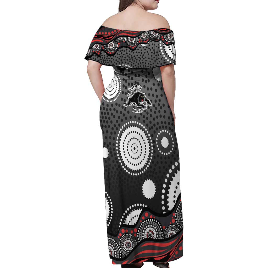 Penrith Panthers Family Matching Off Shoulder Maxi Dress and Hawaiian Shirt Aboriginal Dot Pattern - Rugby Mascot Heritage Pride