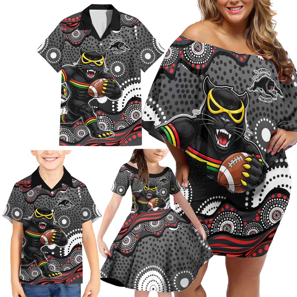 Penrith Panthers Family Matching Off Shoulder Short Dress and Hawaiian Shirt Aboriginal Dot Pattern - Rugby Mascot Heritage Pride