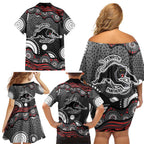 Penrith Panthers Family Matching Off Shoulder Short Dress and Hawaiian Shirt Aboriginal Dot Pattern - Rugby Mascot Heritage Pride