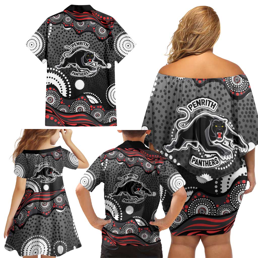 Penrith Panthers Family Matching Off Shoulder Short Dress and Hawaiian Shirt Aboriginal Dot Pattern - Rugby Mascot Heritage Pride