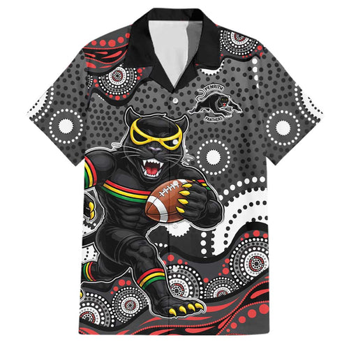 Penrith Panthers Family Matching Off Shoulder Short Dress and Hawaiian Shirt Aboriginal Dot Pattern - Rugby Mascot Heritage Pride