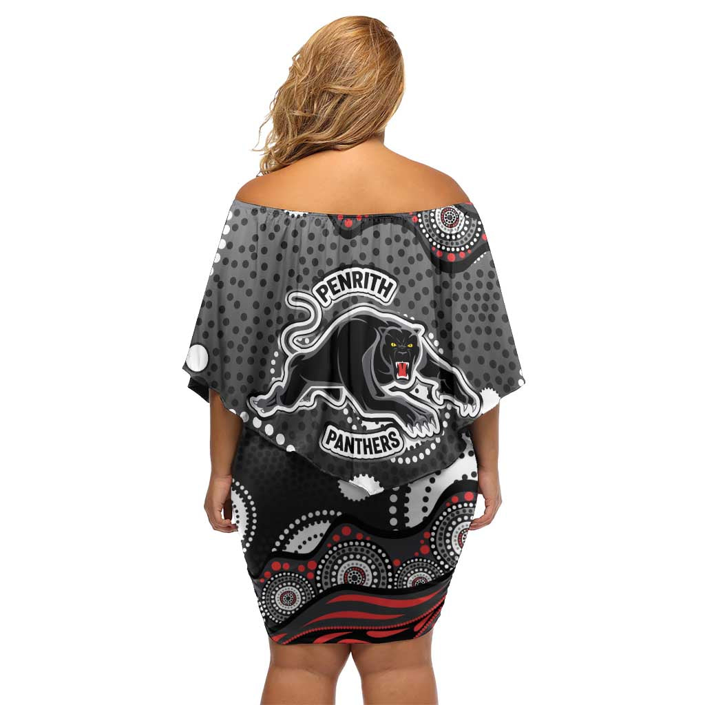 Penrith Panthers Family Matching Off Shoulder Short Dress and Hawaiian Shirt Aboriginal Dot Pattern - Rugby Mascot Heritage Pride