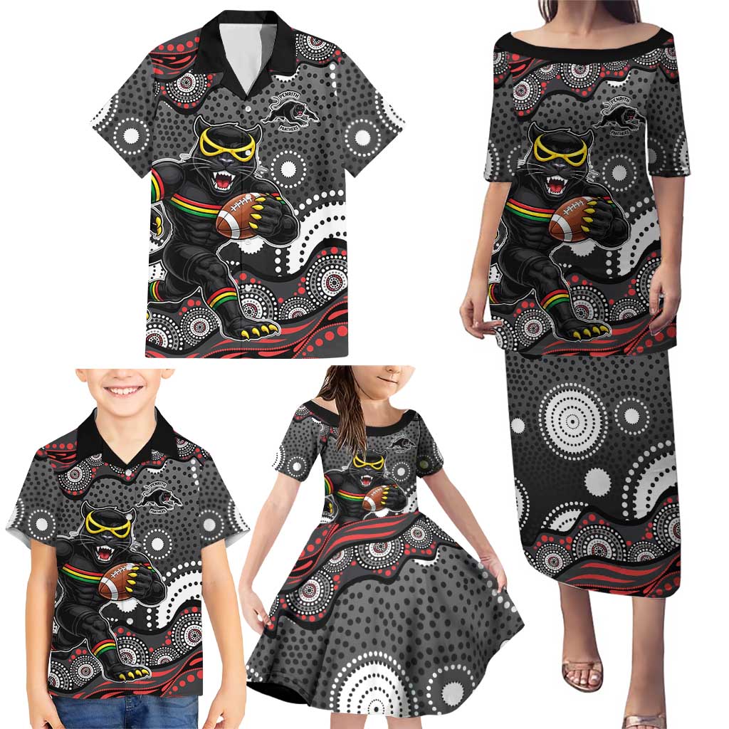 Penrith Panthers Family Matching Puletasi and Hawaiian Shirt Aboriginal Dot Pattern - Rugby Mascot Heritage Pride