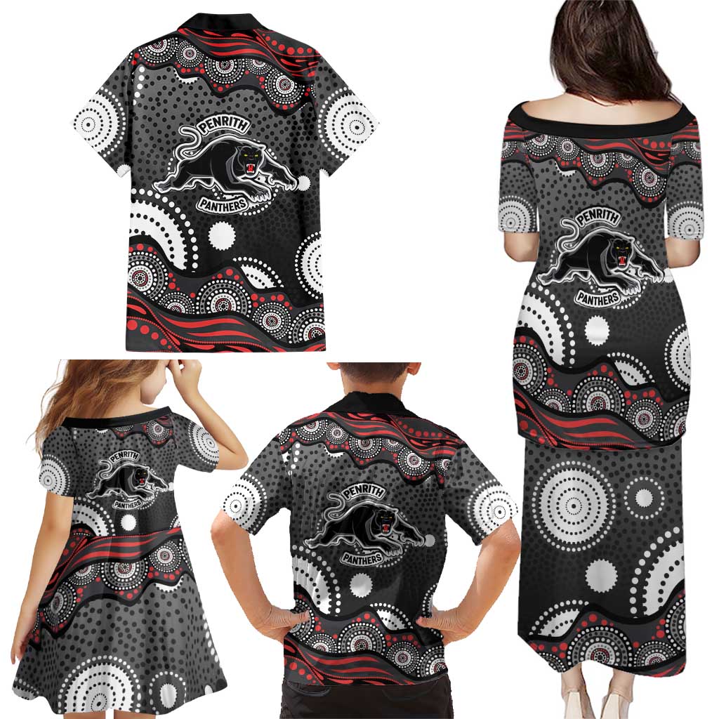 Penrith Panthers Family Matching Puletasi and Hawaiian Shirt Aboriginal Dot Pattern - Rugby Mascot Heritage Pride