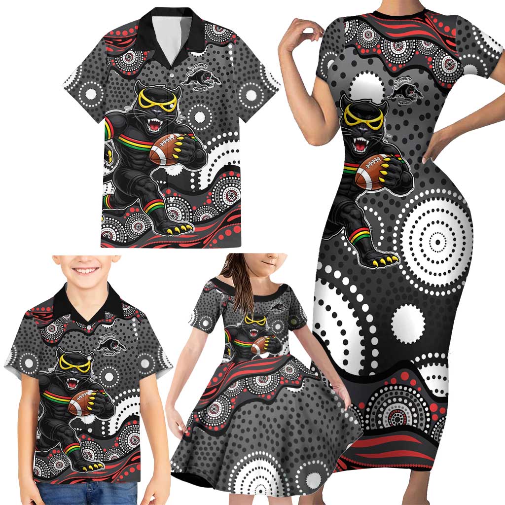 Penrith Panthers Family Matching Short Sleeve Bodycon Dress and Hawaiian Shirt Aboriginal Dot Pattern - Rugby Mascot Heritage Pride