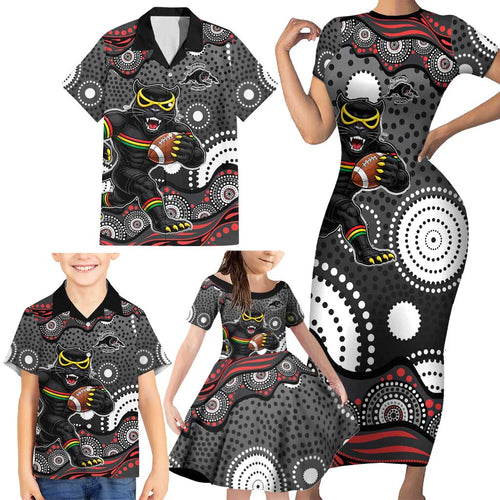 Penrith Panthers Family Matching Short Sleeve Bodycon Dress and Hawaiian Shirt Aboriginal Dot Pattern - Rugby Mascot Heritage Pride