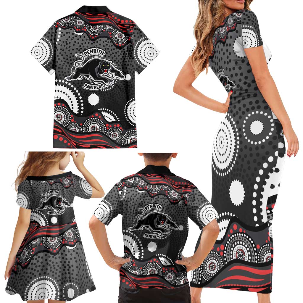 Penrith Panthers Family Matching Short Sleeve Bodycon Dress and Hawaiian Shirt Aboriginal Dot Pattern - Rugby Mascot Heritage Pride