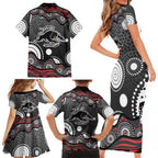 Penrith Panthers Family Matching Short Sleeve Bodycon Dress and Hawaiian Shirt Aboriginal Dot Pattern - Rugby Mascot Heritage Pride