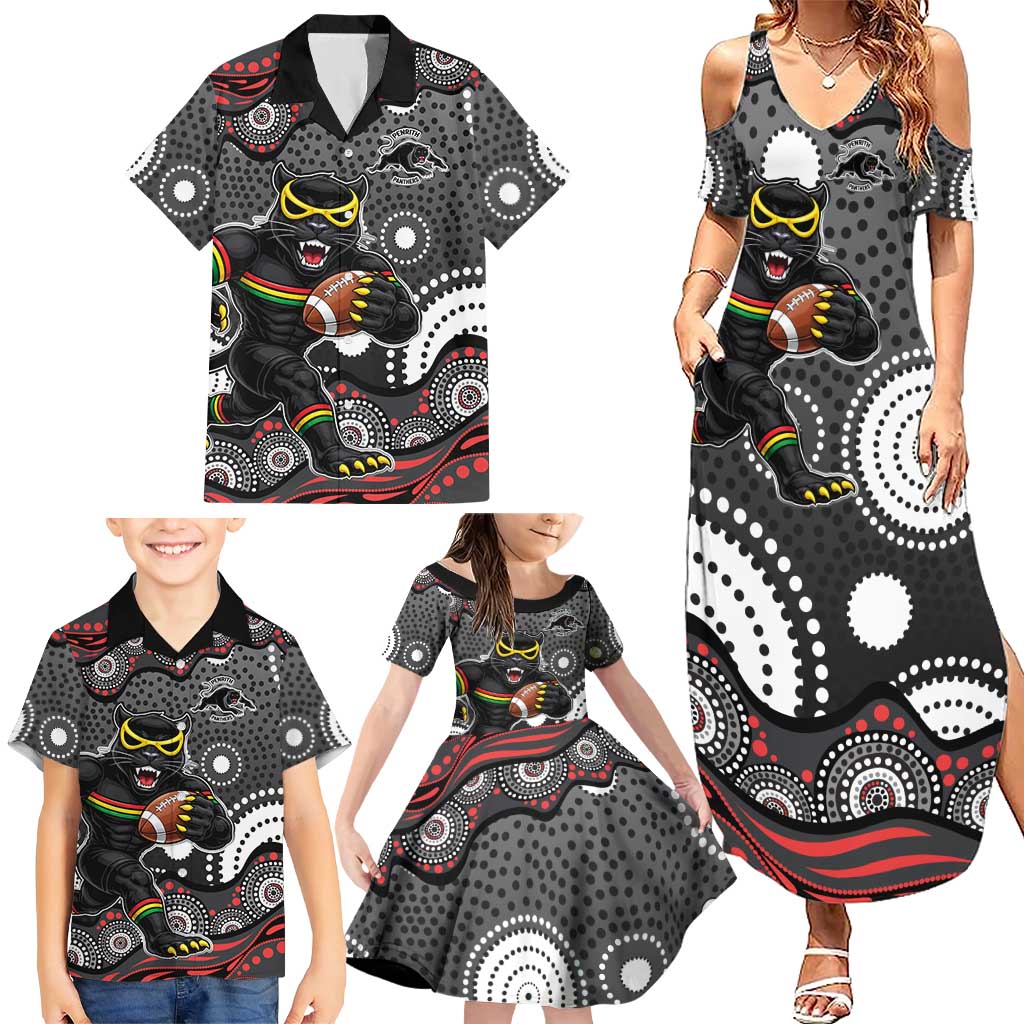 Penrith Panthers Family Matching Summer Maxi Dress and Hawaiian Shirt Aboriginal Dot Pattern - Rugby Mascot Heritage Pride