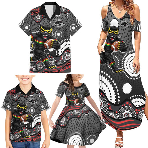 Penrith Panthers Family Matching Summer Maxi Dress and Hawaiian Shirt Aboriginal Dot Pattern - Rugby Mascot Heritage Pride