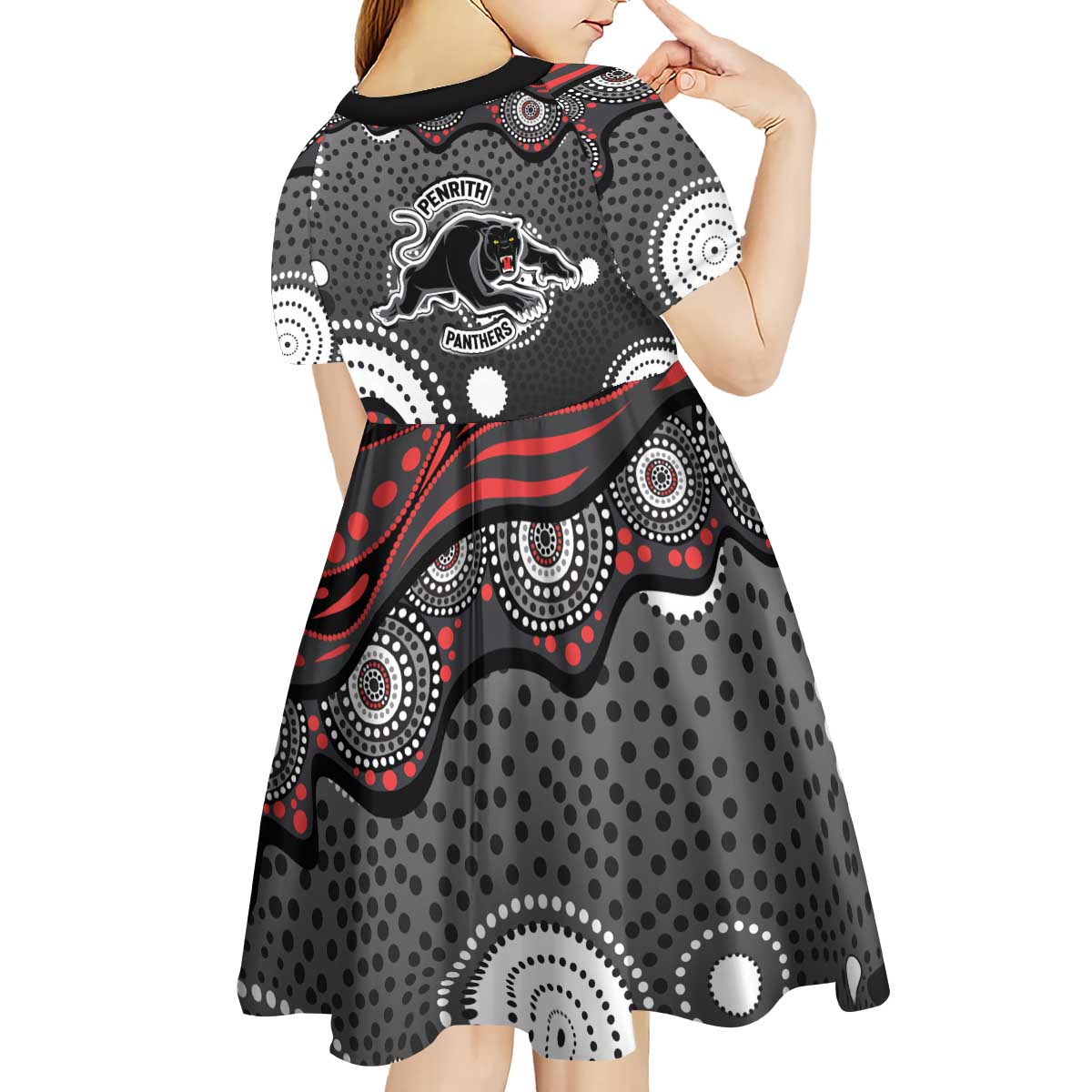 Penrith Panthers Kid Short Sleeve Dress Aboriginal Dot Pattern - Rugby Mascot Heritage Pride