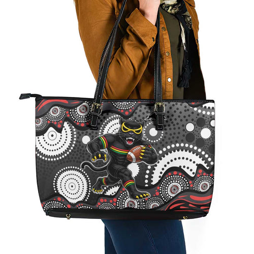 Penrith Panthers Leather Tote Bag Aboriginal Dot Pattern - Rugby Mascot Heritage Pride