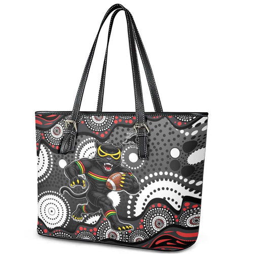 Penrith Panthers Leather Tote Bag Aboriginal Dot Pattern - Rugby Mascot Heritage Pride