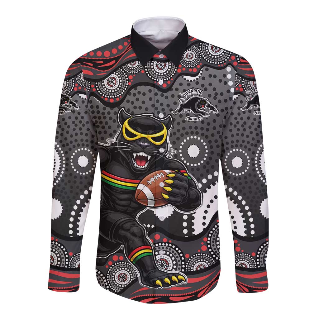 Penrith Panthers Long Sleeve Button Shirt Aboriginal Dot Pattern - Rugby Mascot Heritage Pride