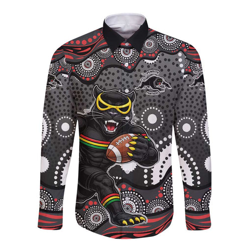 Penrith Panthers Long Sleeve Button Shirt Aboriginal Dot Pattern - Rugby Mascot Heritage Pride