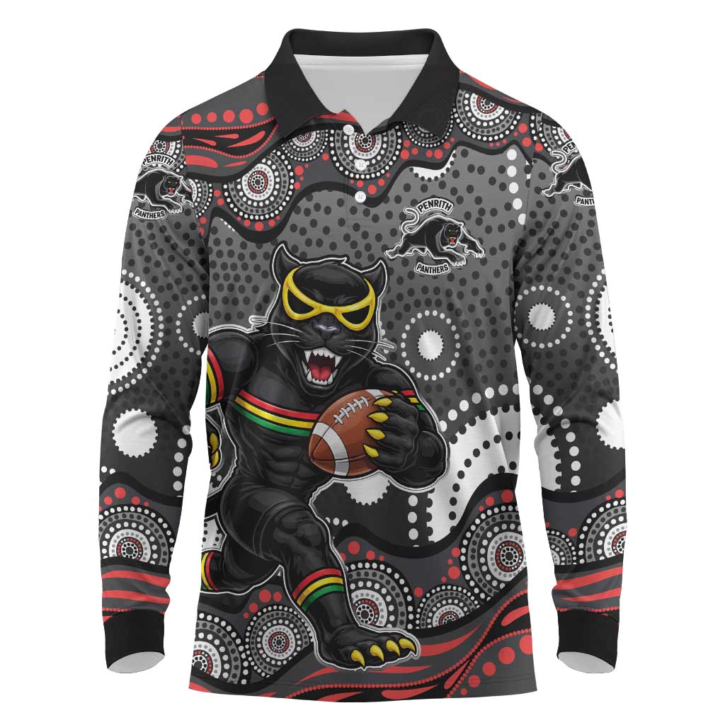 Penrith Panthers Long Sleeve Polo Shirt Aboriginal Dot Pattern - Rugby Mascot Heritage Pride