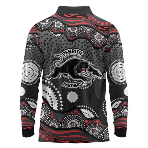 Penrith Panthers Long Sleeve Polo Shirt Aboriginal Dot Pattern - Rugby Mascot Heritage Pride