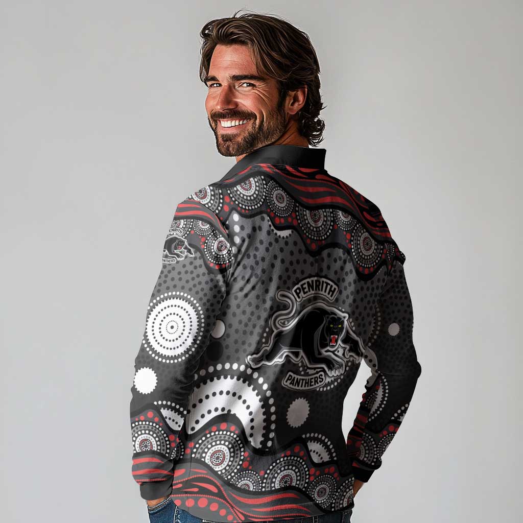 Penrith Panthers Long Sleeve Polo Shirt Aboriginal Dot Pattern - Rugby Mascot Heritage Pride