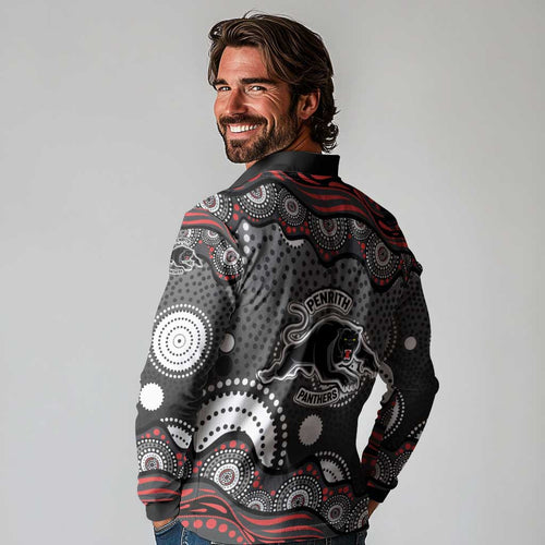 Penrith Panthers Long Sleeve Polo Shirt Aboriginal Dot Pattern - Rugby Mascot Heritage Pride