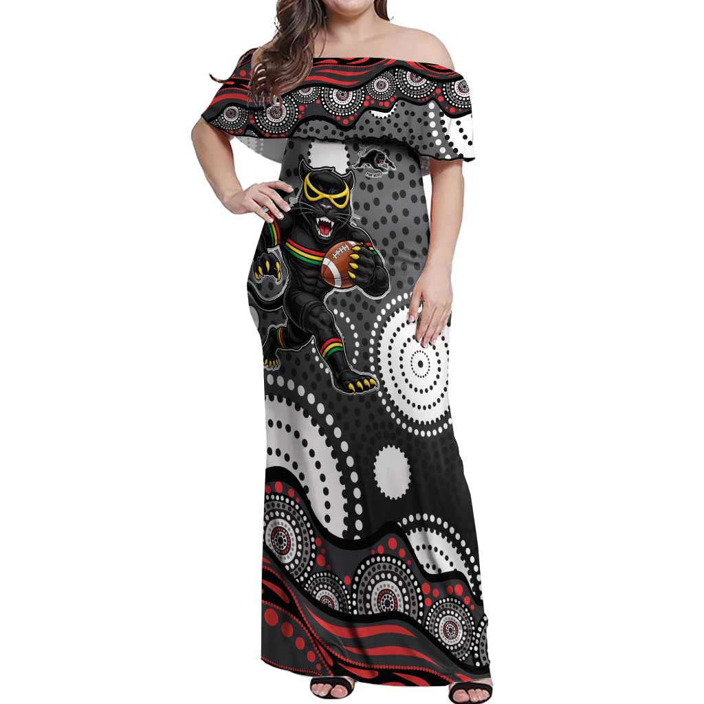Penrith Panthers Off Shoulder Maxi Dress Aboriginal Dot Pattern - Rugby Mascot Heritage Pride