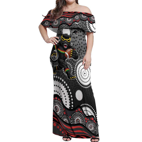 Penrith Panthers Off Shoulder Maxi Dress Aboriginal Dot Pattern - Rugby Mascot Heritage Pride