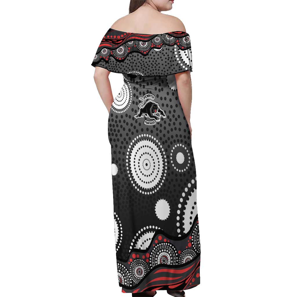 Penrith Panthers Off Shoulder Maxi Dress Aboriginal Dot Pattern - Rugby Mascot Heritage Pride