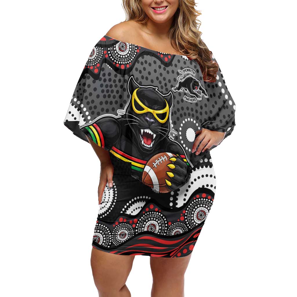 Penrith Panthers Off Shoulder Short Dress Aboriginal Dot Pattern - Rugby Mascot Heritage Pride