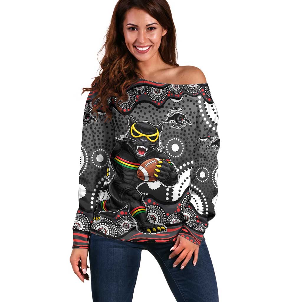 Penrith Panthers Off Shoulder Sweater Aboriginal Dot Pattern - Rugby Mascot Heritage Pride