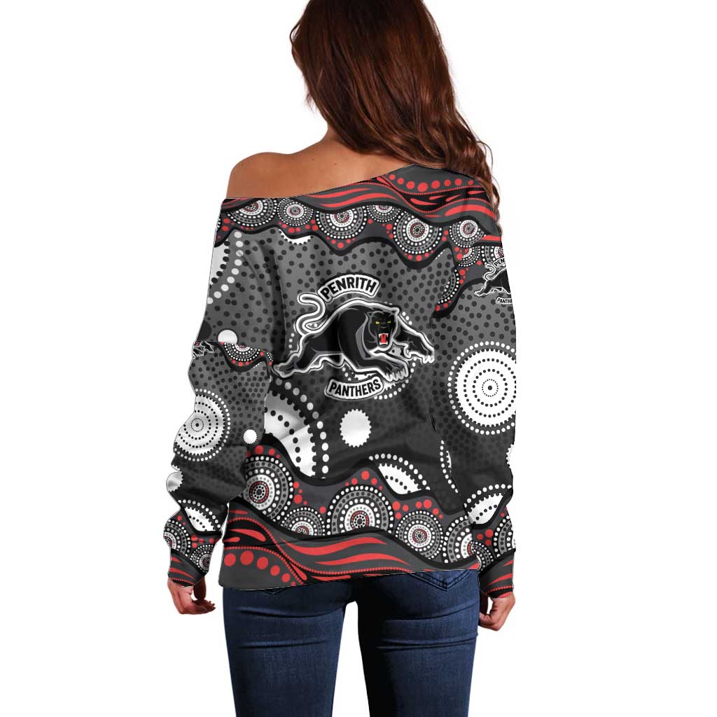 Penrith Panthers Off Shoulder Sweater Aboriginal Dot Pattern - Rugby Mascot Heritage Pride