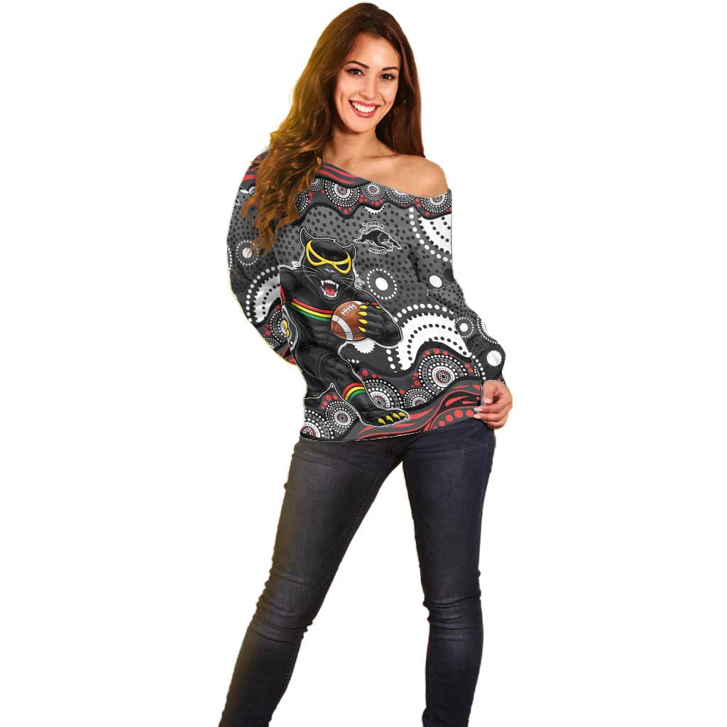 Penrith Panthers Off Shoulder Sweater Aboriginal Dot Pattern - Rugby Mascot Heritage Pride