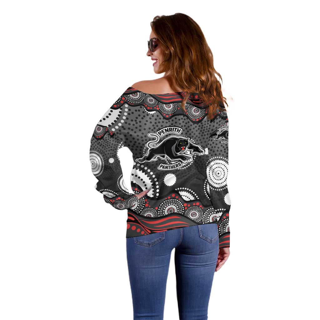 Penrith Panthers Off Shoulder Sweater Aboriginal Dot Pattern - Rugby Mascot Heritage Pride