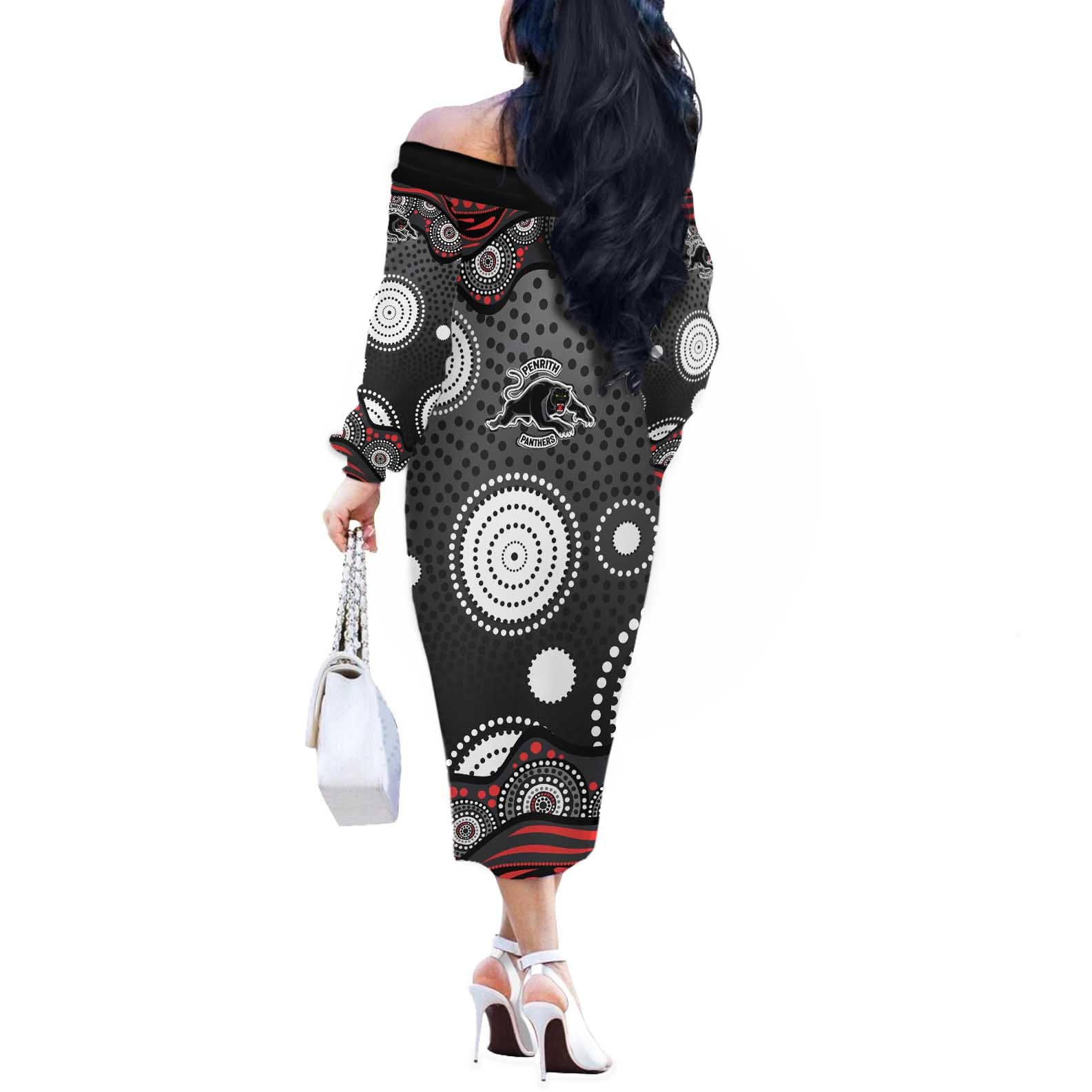 Penrith Panthers Off The Shoulder Long Sleeve Dress Aboriginal Dot Pattern - Rugby Mascot Heritage Pride