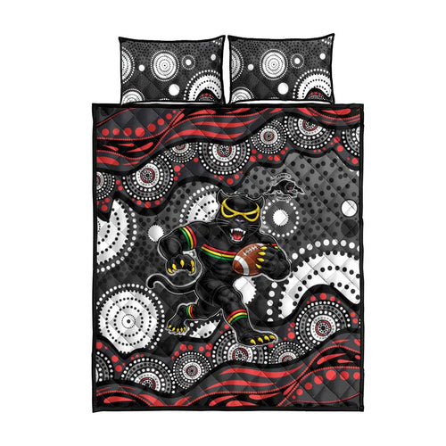 Penrith Panthers Quilt Bed Set Aboriginal Dot Pattern - Rugby Mascot Heritage Pride