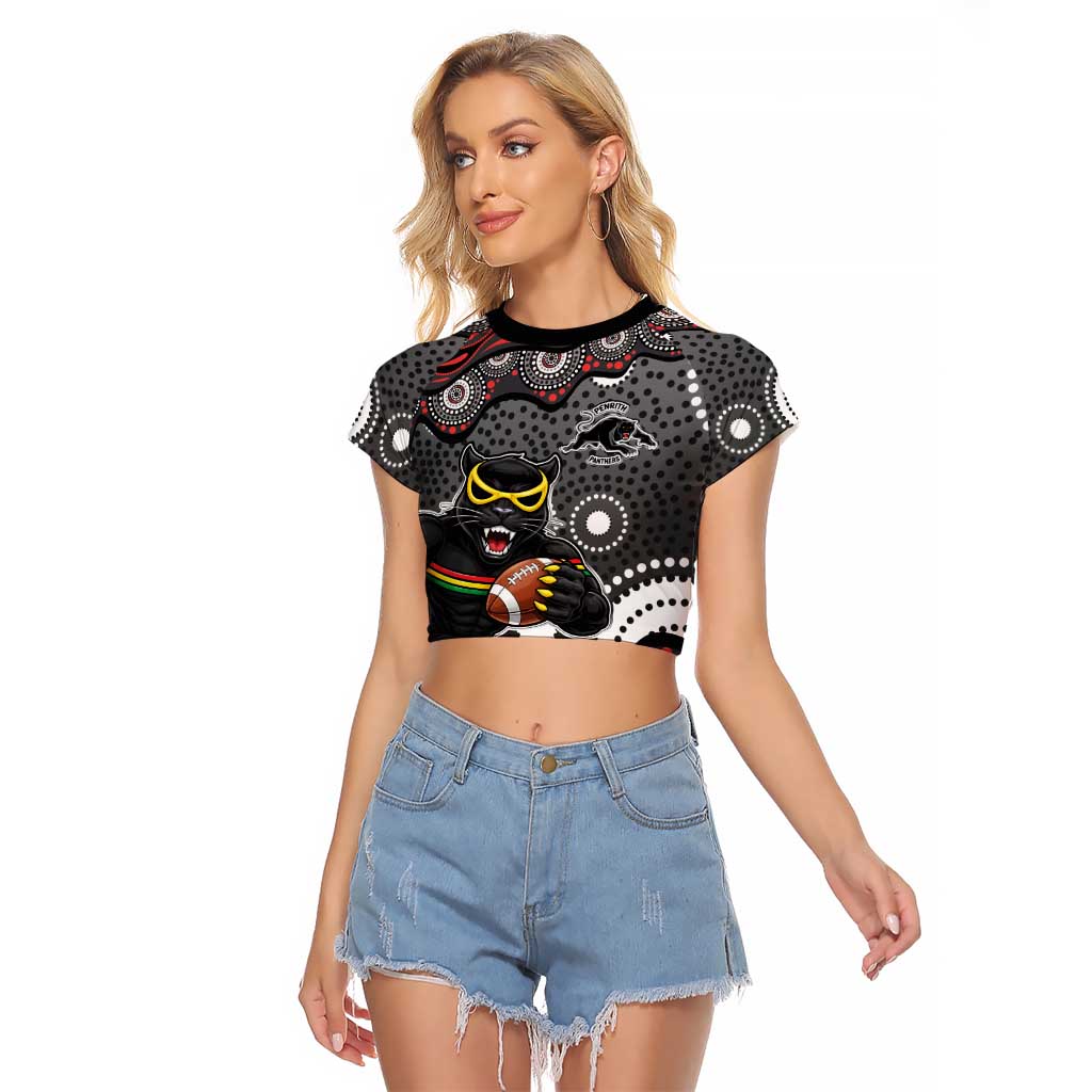 Penrith Panthers Raglan Cropped T Shirt Aboriginal Dot Pattern - Rugby Mascot Heritage Pride