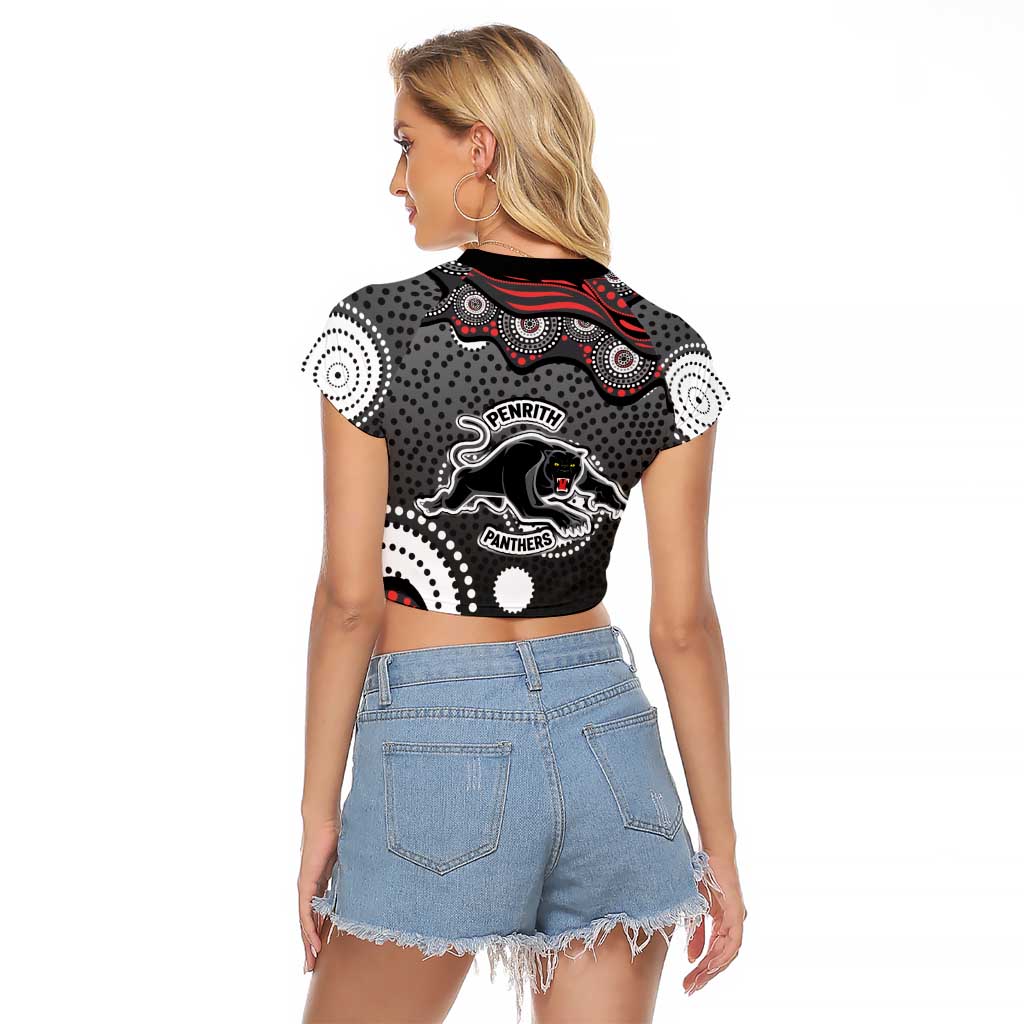 Penrith Panthers Raglan Cropped T Shirt Aboriginal Dot Pattern - Rugby Mascot Heritage Pride