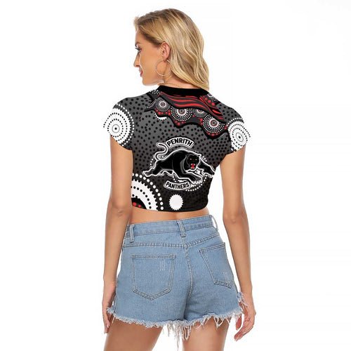 Penrith Panthers Raglan Cropped T Shirt Aboriginal Dot Pattern - Rugby Mascot Heritage Pride
