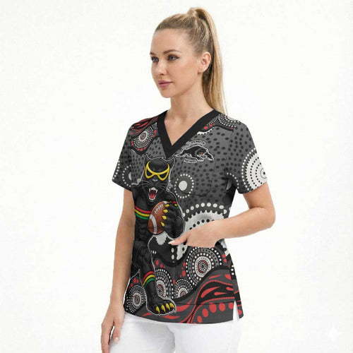 Penrith Panthers Scrub Top Aboriginal Dot Pattern - Rugby Mascot Heritage Pride