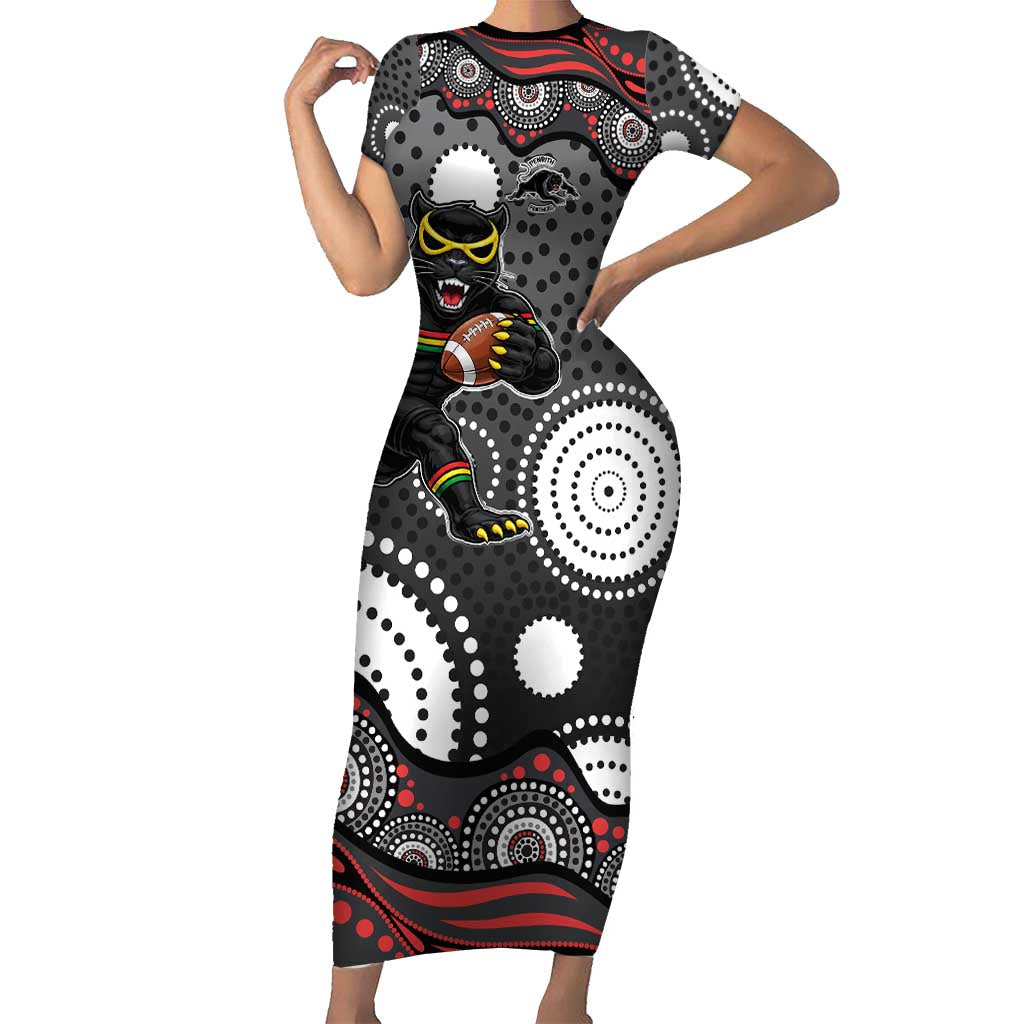 Penrith Panthers Short Sleeve Bodycon Dress Aboriginal Dot Pattern - Rugby Mascot Heritage Pride