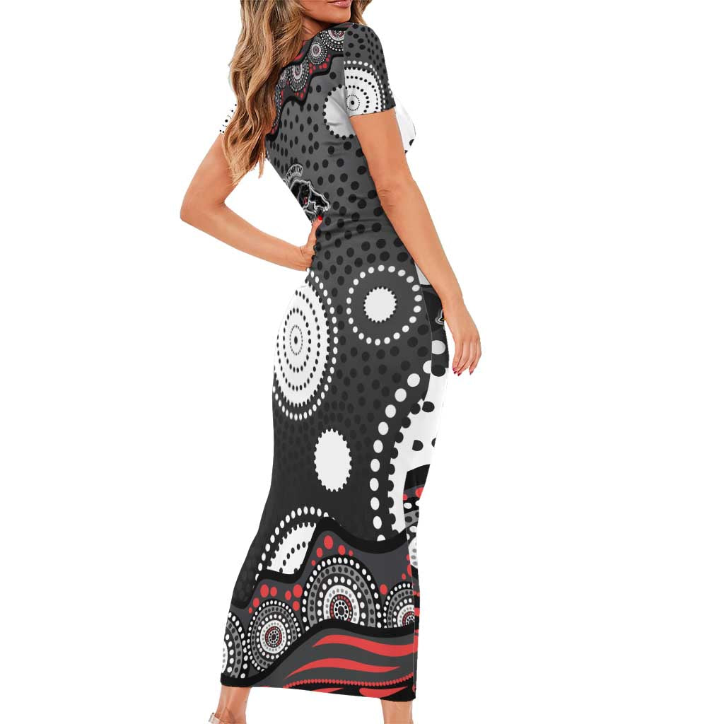 Penrith Panthers Short Sleeve Bodycon Dress Aboriginal Dot Pattern - Rugby Mascot Heritage Pride