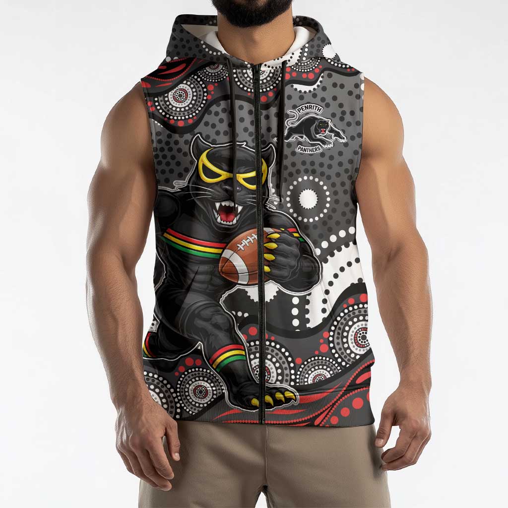 Penrith Panthers Sleeveless Zip Hoodie Aboriginal Dot Pattern - Rugby Mascot Heritage Pride