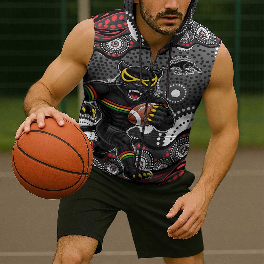 Penrith Panthers Sleeveless Zip Hoodie Aboriginal Dot Pattern - Rugby Mascot Heritage Pride