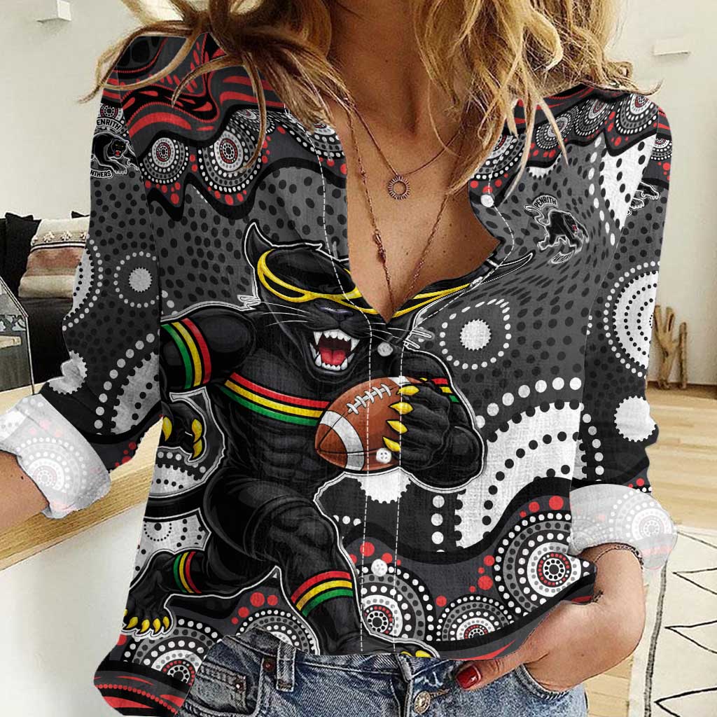 Penrith Panthers Women Casual Shirt Aboriginal Dot Pattern - Rugby Mascot Heritage Pride