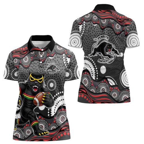 Penrith Panthers Women Polo Shirt Aboriginal Dot Pattern - Rugby Mascot Heritage Pride